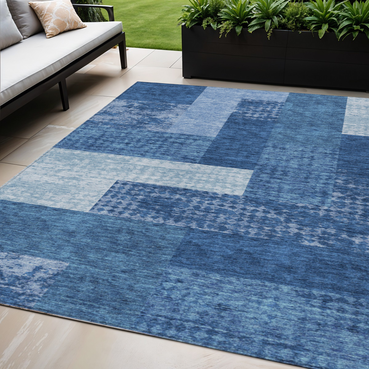 5' X 8' Navy Blue And Sky Blue Geometric Washable Indoor Outdoor Area Rug-612449-1