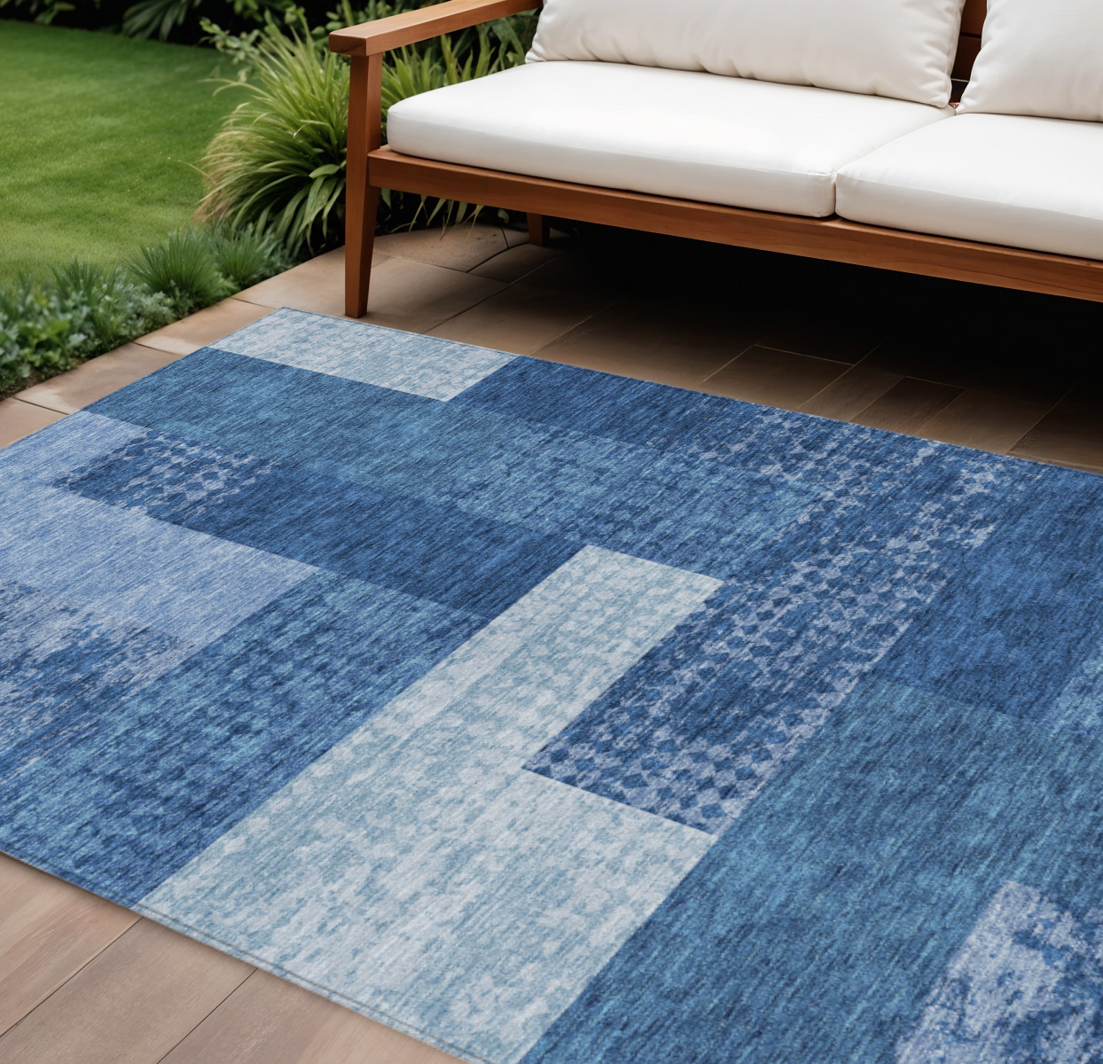 10' X 14' Navy Blue And Sky Blue Geometric Washable Indoor Outdoor Area Rug-612453-1