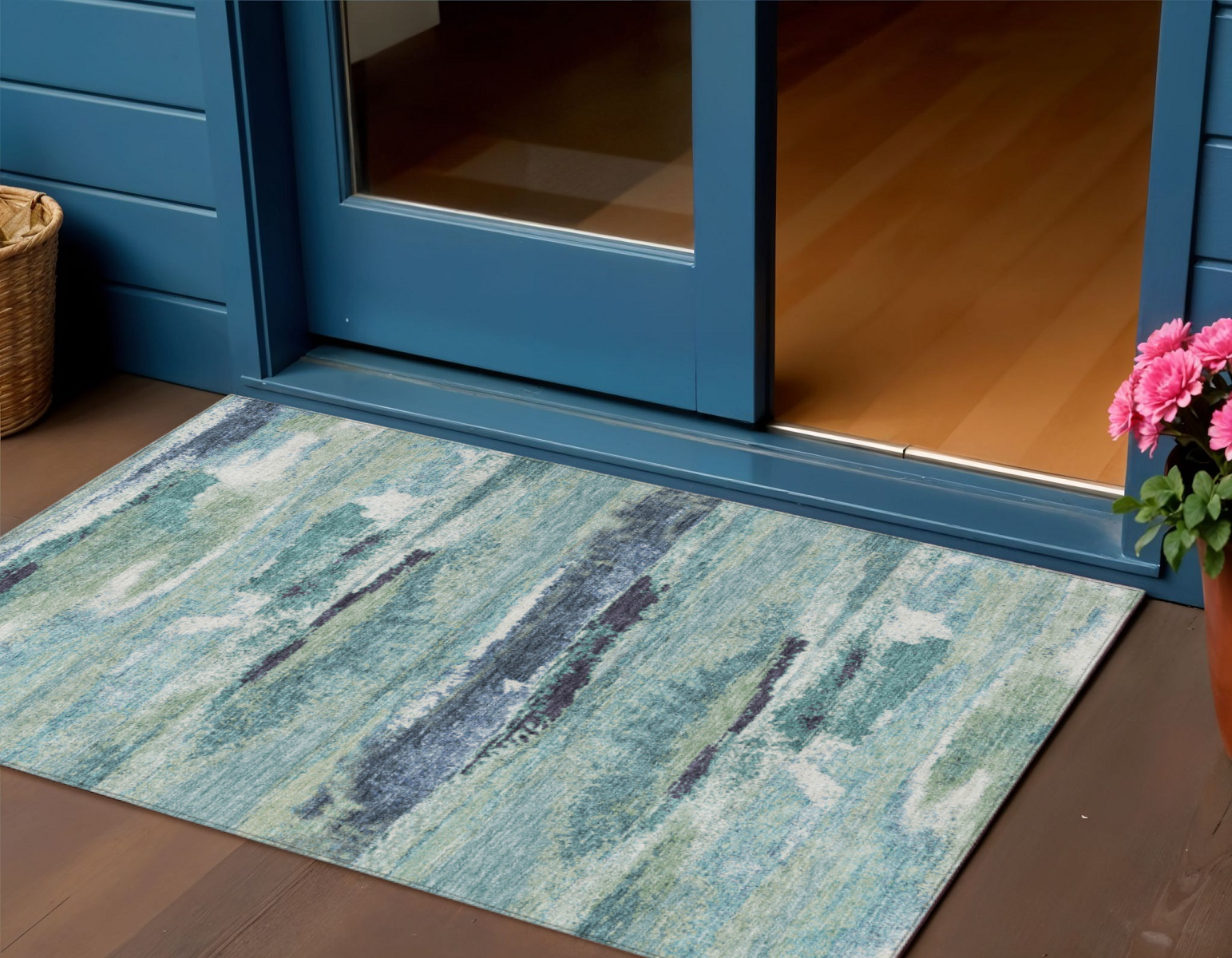 3' X 5' Sage Teal Blue And Navy Blue Abstract Washable Indoor Outdoor Area Rug-612479-1