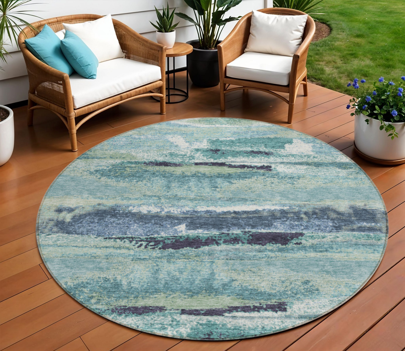 8' Sage Teal Blue And Navy Blue Round Abstract Washable Indoor Outdoor Area Rug-612481-1
