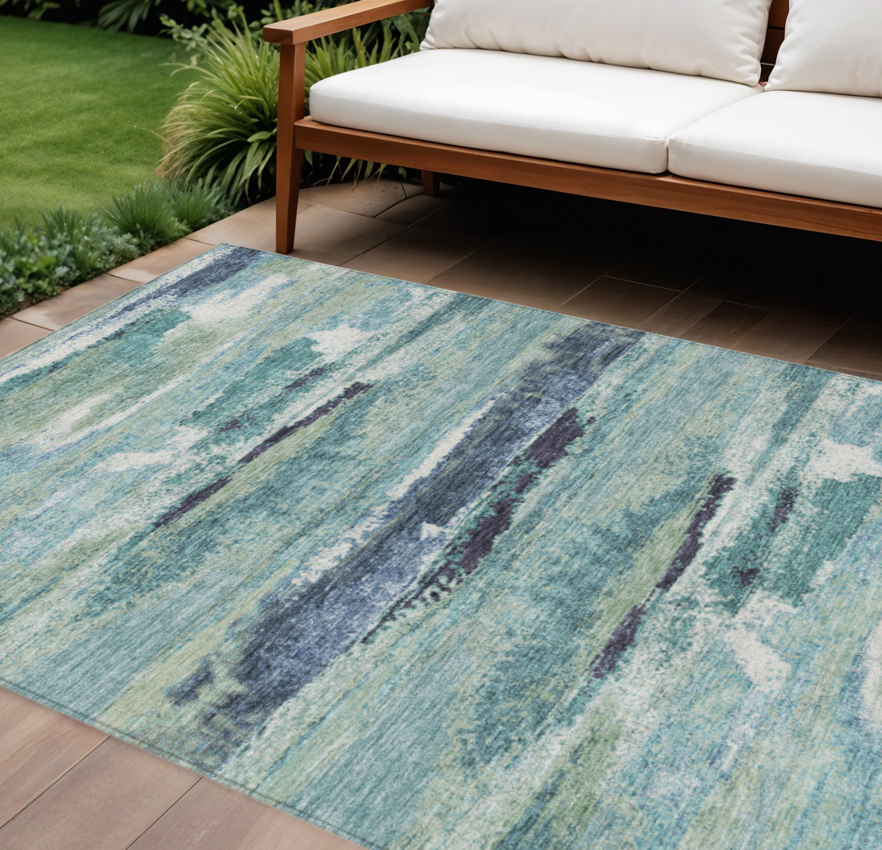 8' X 10' Sage Teal Blue And Navy Blue Abstract Washable Indoor Outdoor Area Rug-612482-1