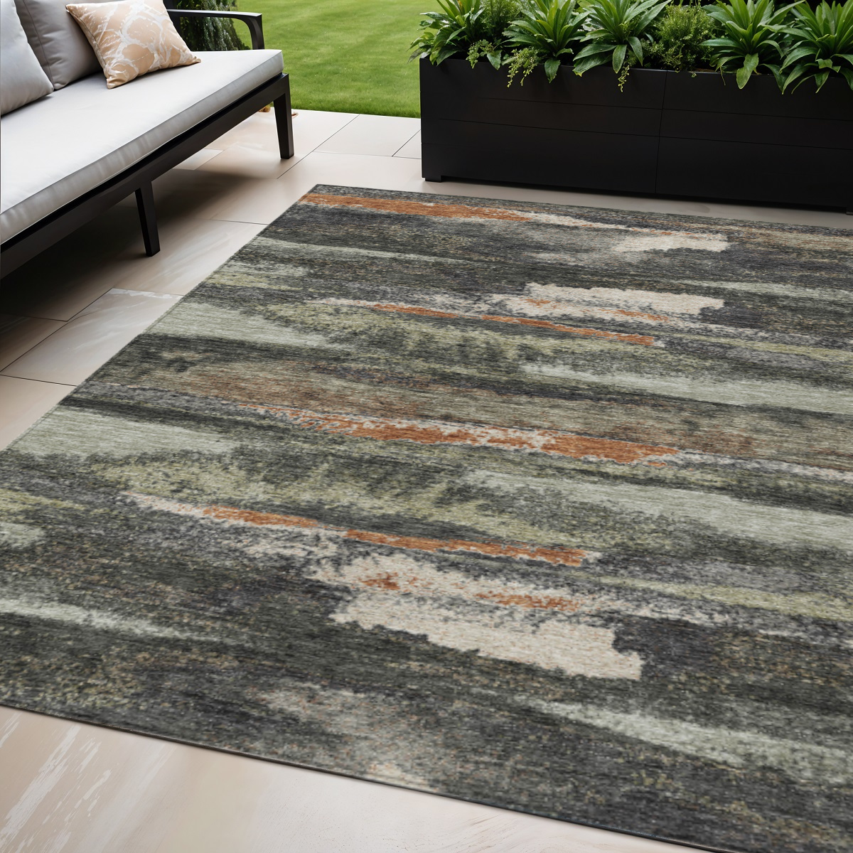 5' X 8' Charcoal Copper And Ivory Abstract Washable Indoor Outdoor Area Rug-612486-1