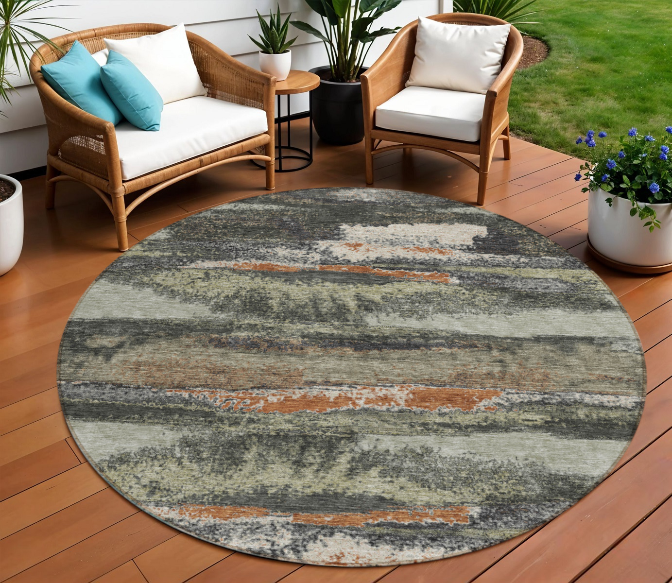 8' Charcoal Copper And Ivory Round Abstract Washable Indoor Outdoor Area Rug-612487-1