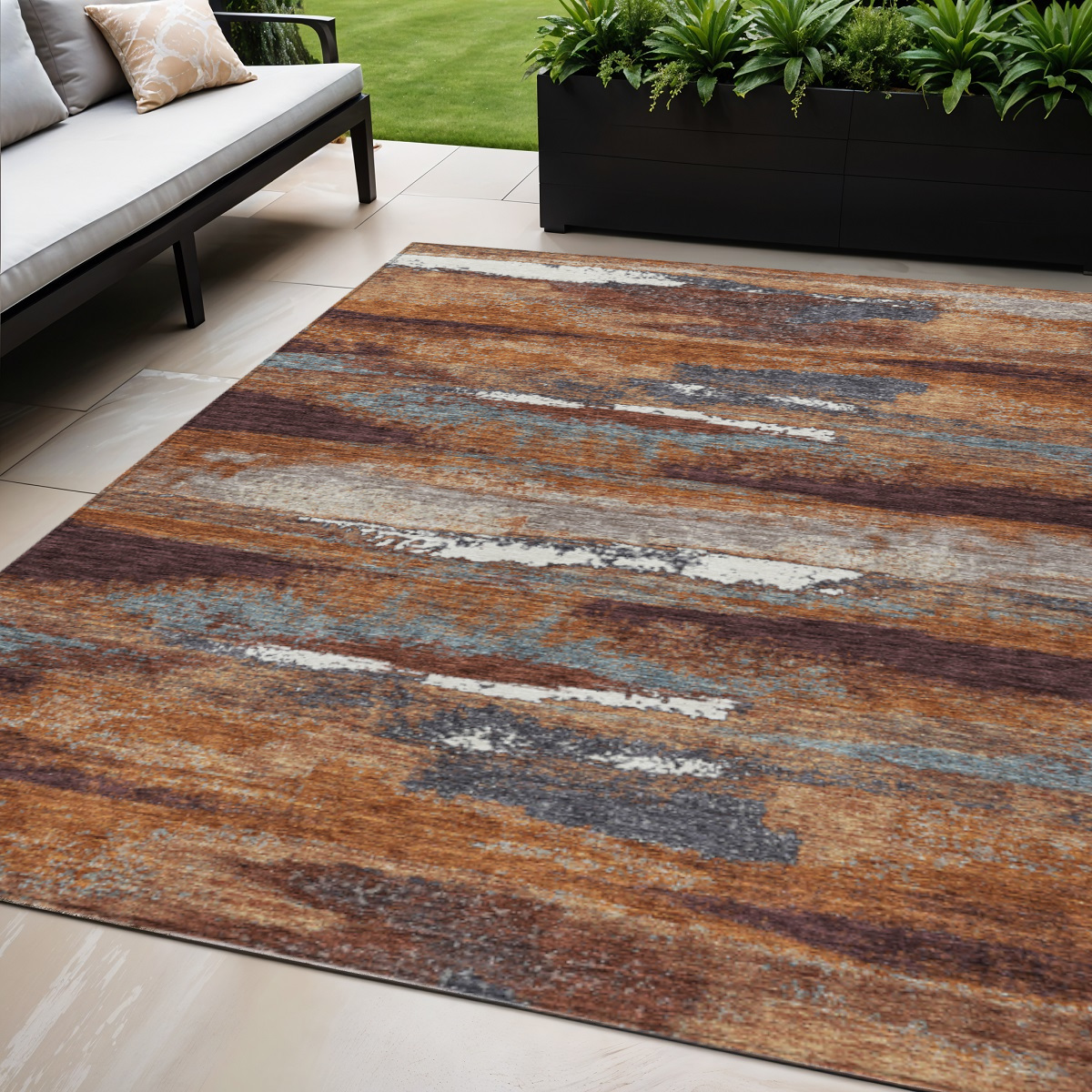 5' X 8' Copper Rust And Ivory Abstract Washable Indoor Outdoor Area Rug-612492-1