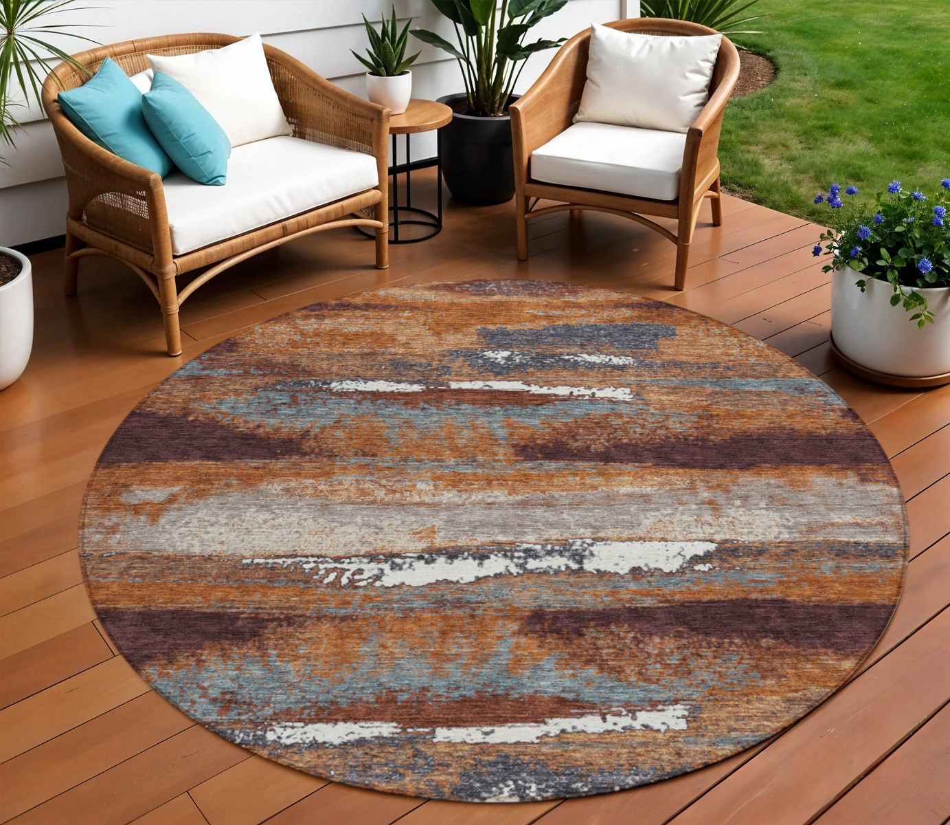 8' Copper Rust And Ivory Round Abstract Washable Indoor Outdoor Area Rug-612493-1