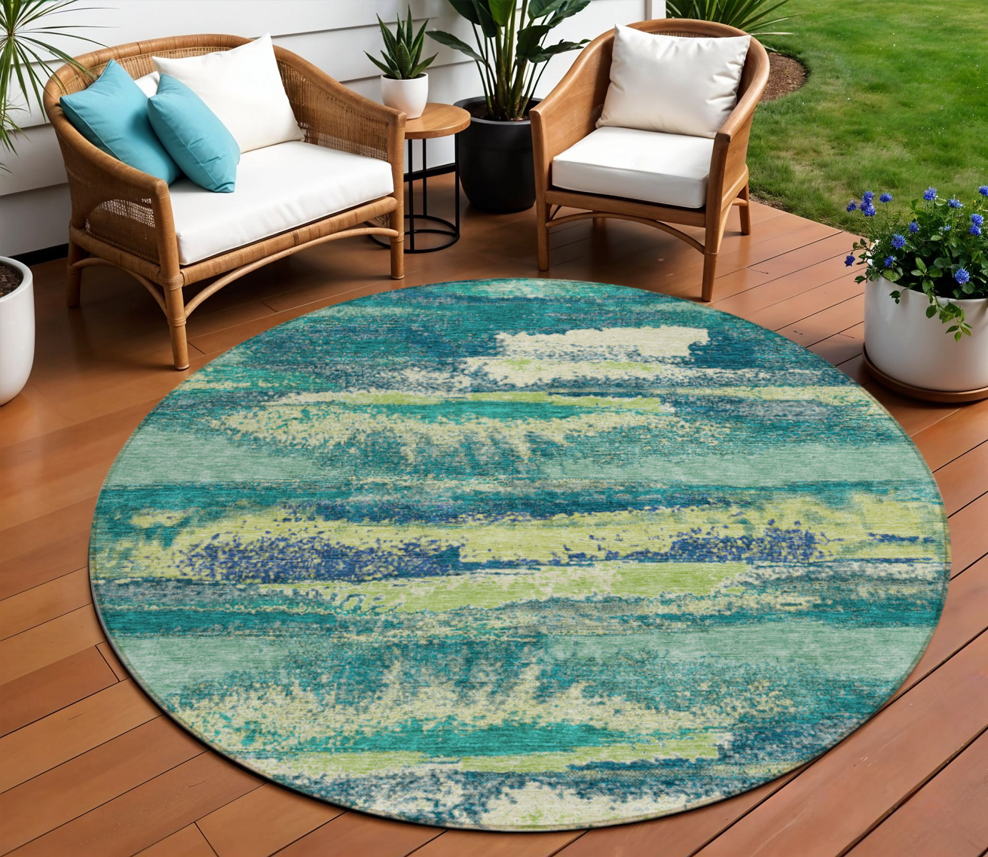 8' Emerald And Lime Green Round Abstract Washable Indoor Outdoor Area Rug-612499-1