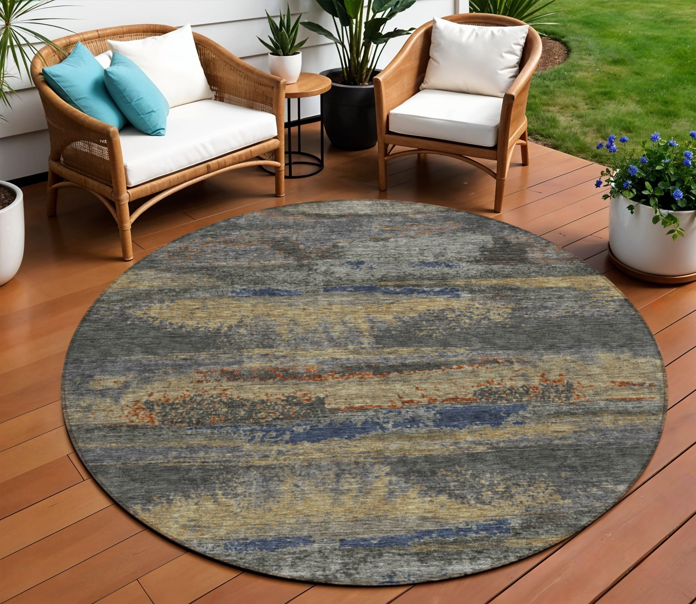8' Graphite And Gray Round Abstract Washable Indoor Outdoor Area Rug-612505-1