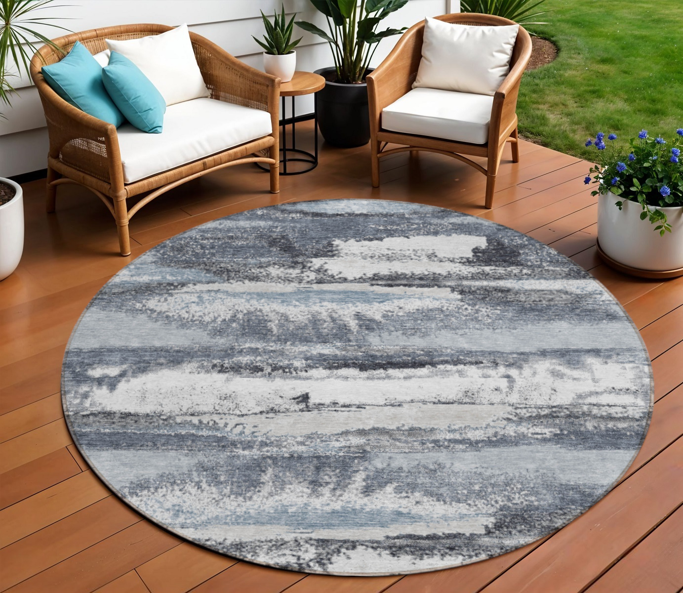8' Gray And Silver Round Abstract Washable Indoor Outdoor Area Rug-612511-1