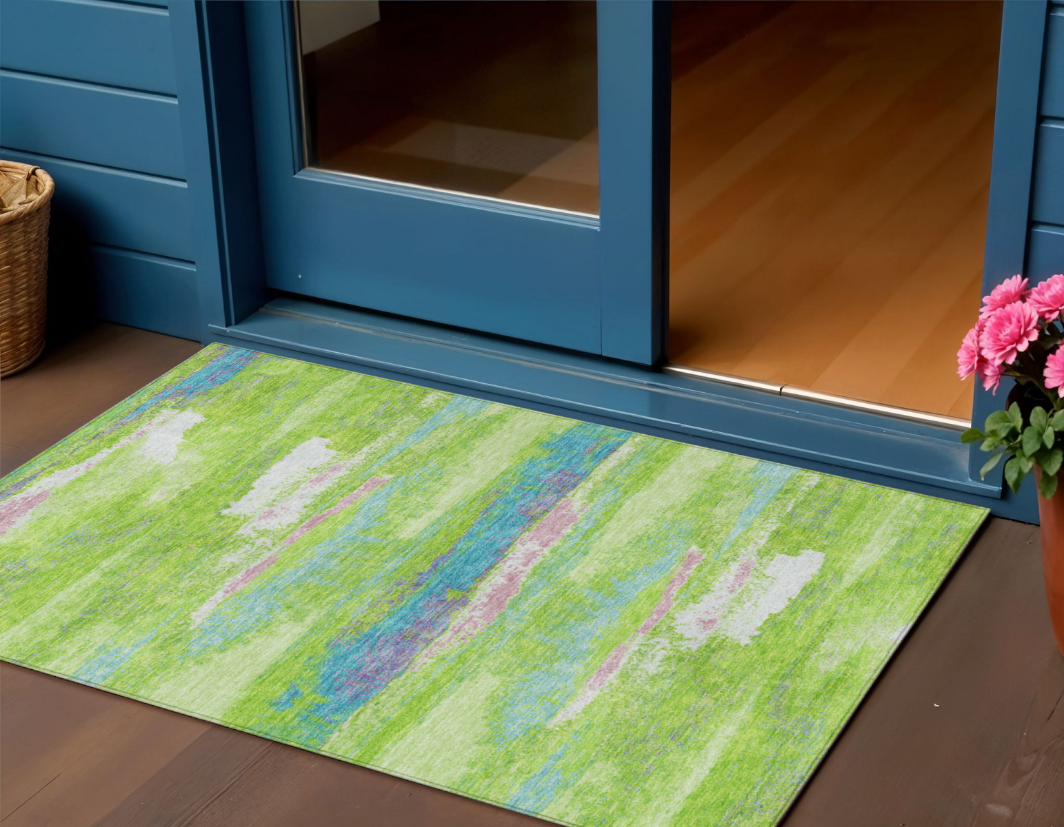 3' X 5' Lime Green And Sky Blue Abstract Washable Indoor Outdoor Area Rug-612515-1