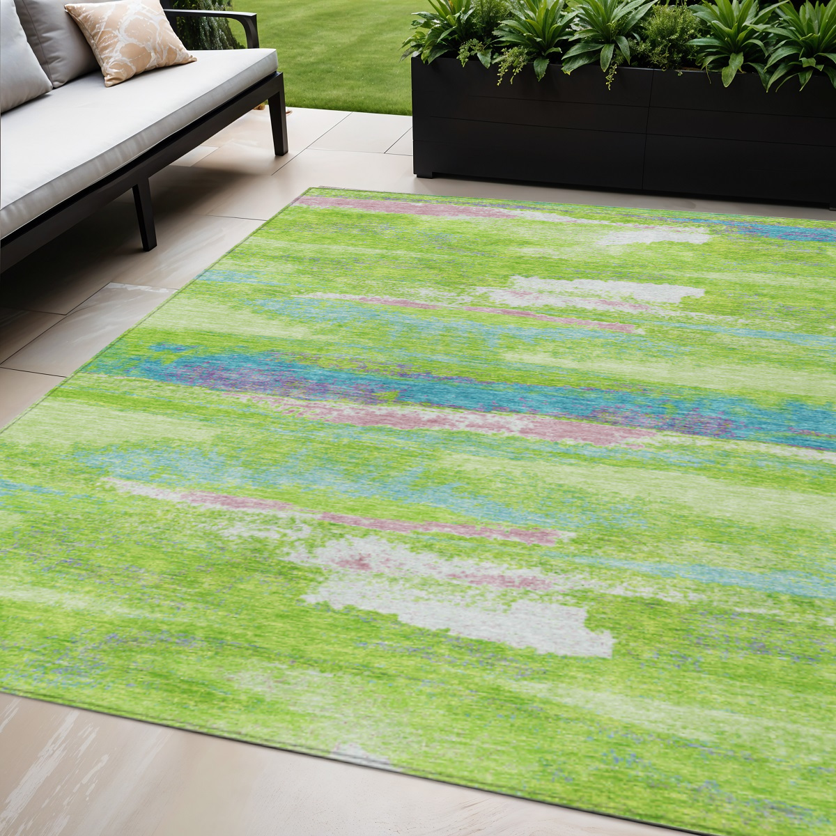 5' X 8' Lime Green And Sky Blue Abstract Washable Indoor Outdoor Area Rug-612516-1