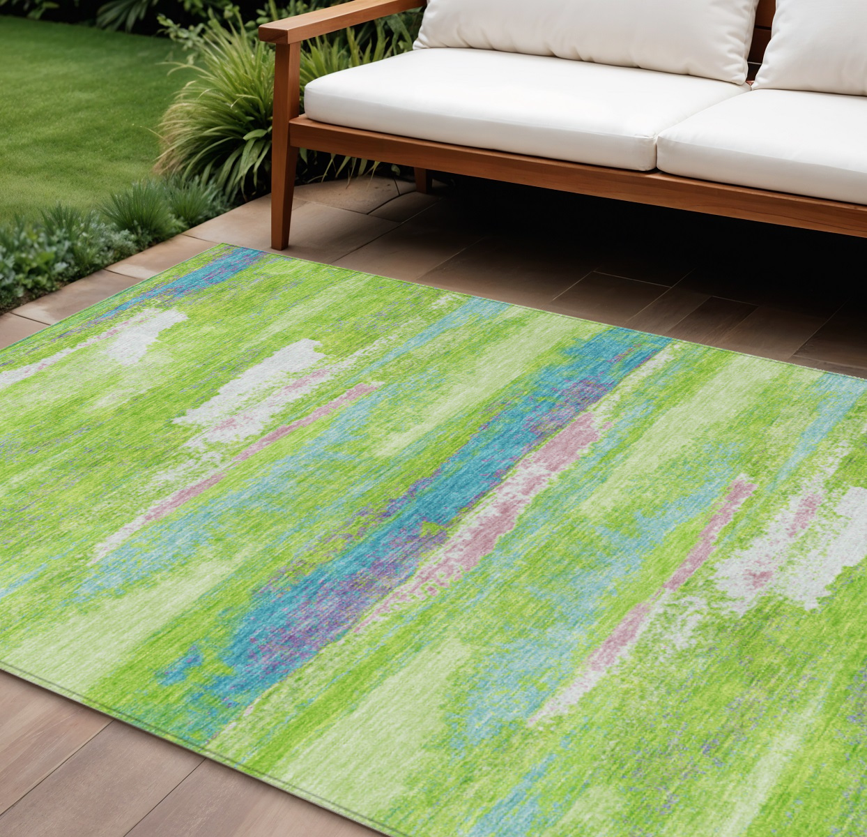 9' X 12' Lime Green And Sky Blue Abstract Washable Indoor Outdoor Area Rug-612519-1