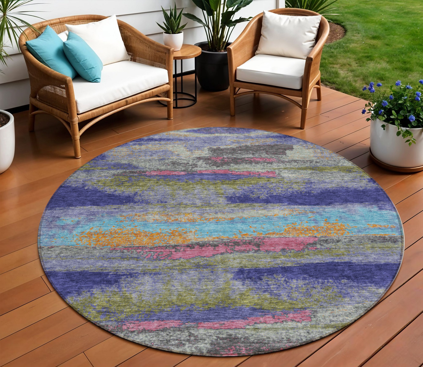8' Lavender Pink And Blue Round Abstract Washable Indoor Outdoor Area Rug-612523-1