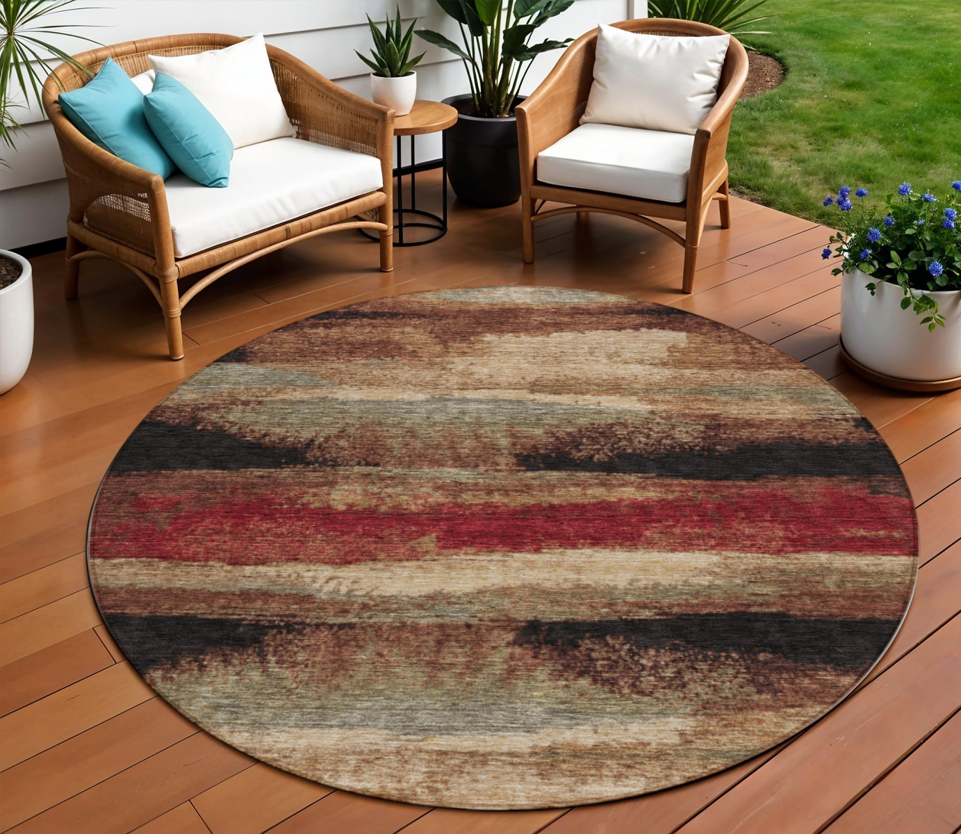 8' Brown Beige And Burgundy Round Abstract Washable Indoor Outdoor Area Rug-612529-1
