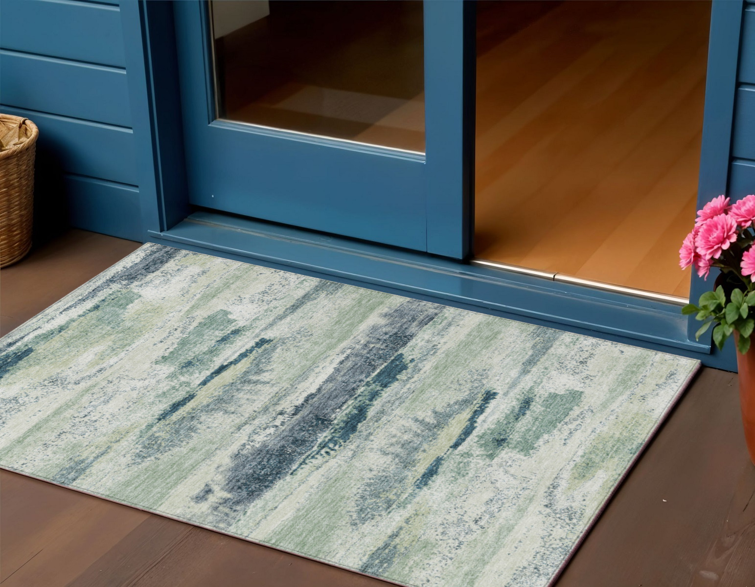 3' X 5' Mint Green Ivory And Denim Blue Abstract Washable Indoor Outdoor Area Rug-612533-1