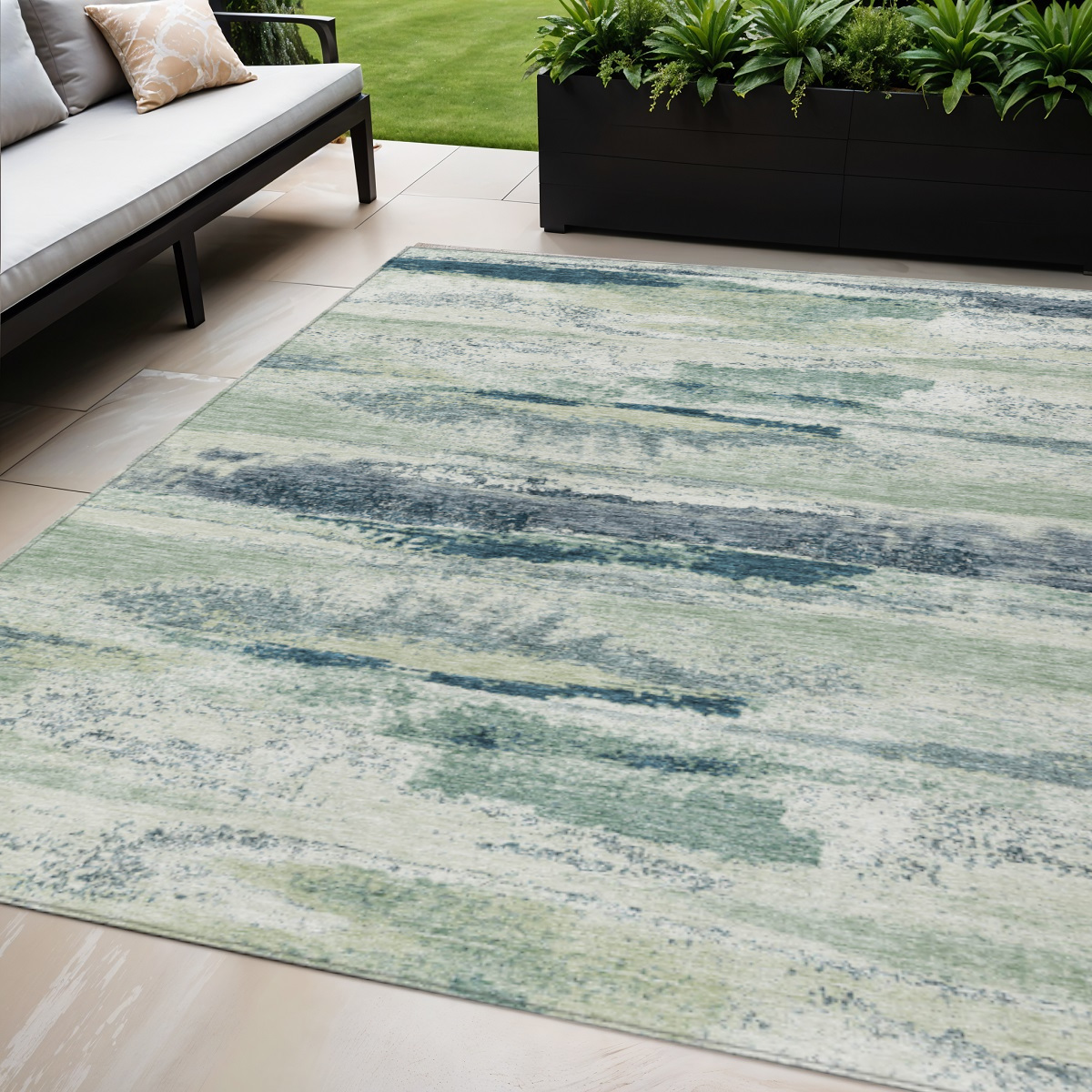 5' X 8' Mint Green Ivory And Denim Blue Abstract Washable Indoor Outdoor Area Rug-612534-1