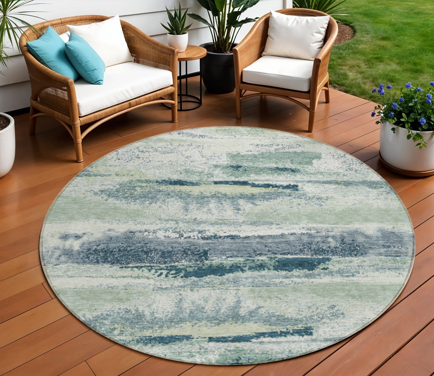 8' Mint Green Ivory And Denim Blue Round Abstract Washable Indoor Outdoor Area Rug-612535-1