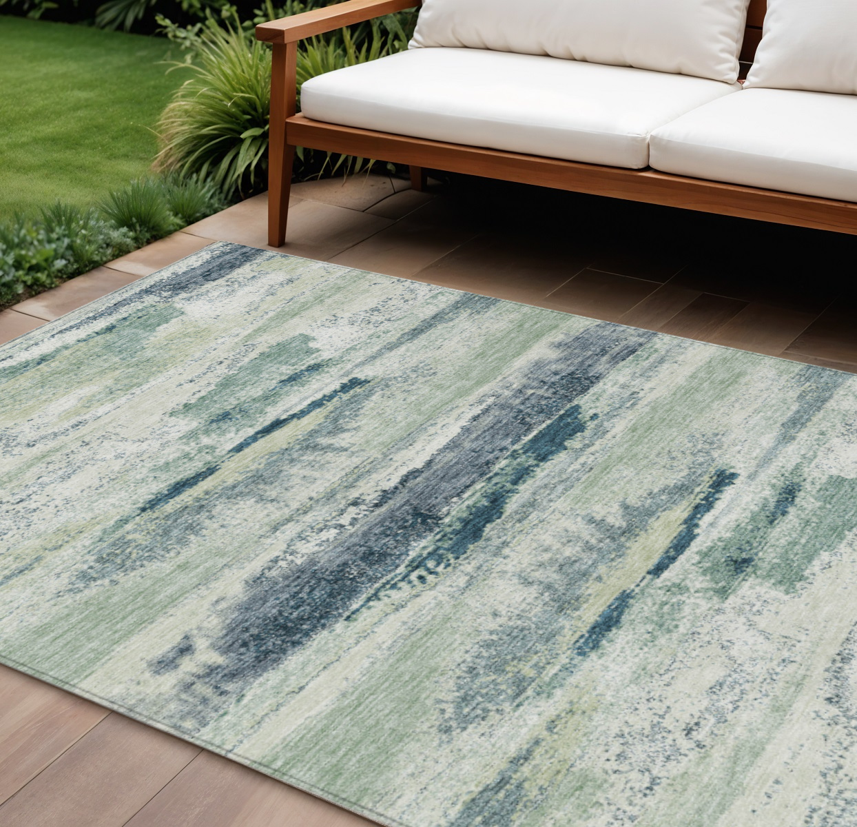 9' X 12' Mint Green Ivory And Denim Blue Abstract Washable Indoor Outdoor Area Rug-612537-1