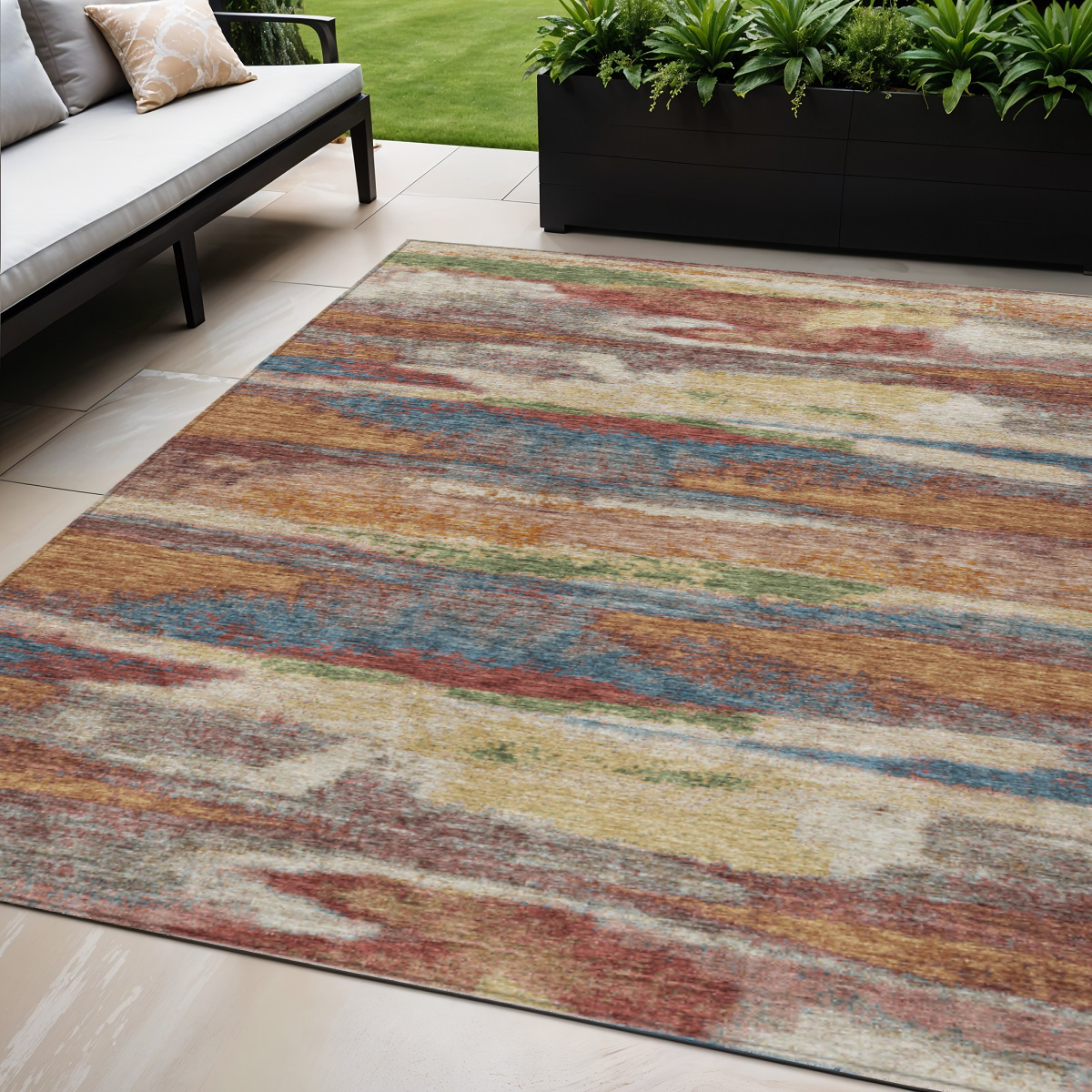 5' X 8' Orange Green And Gold Abstract Washable Indoor Outdoor Area Rug-612540-1