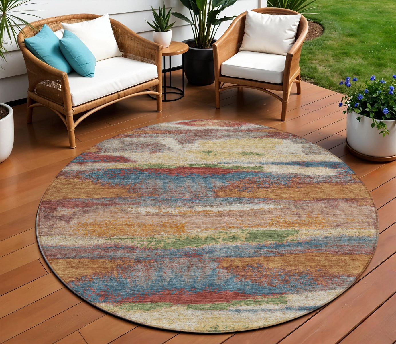 8' Orange Green And Gold Round Abstract Washable Indoor Outdoor Area Rug-612541-1
