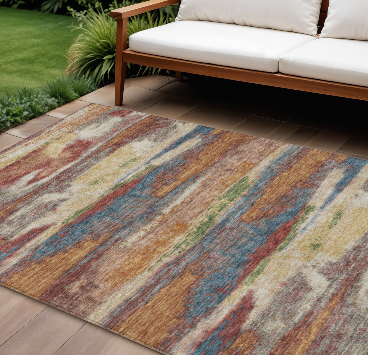 9' X 12' Orange Green And Gold Abstract Washable Indoor Outdoor Area Rug-612543-1