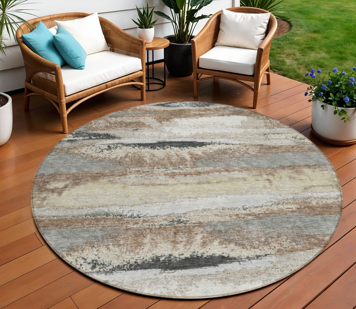 8' Taupe Beige And Ivory Round Abstract Washable Indoor Outdoor Area Rug-612553-1