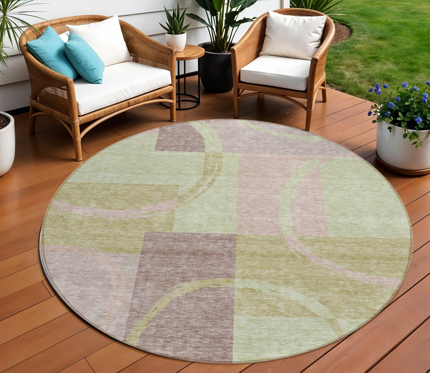 8' Blush And Mint Green Round Abstract Washable Indoor Outdoor Area Rug-612559-1