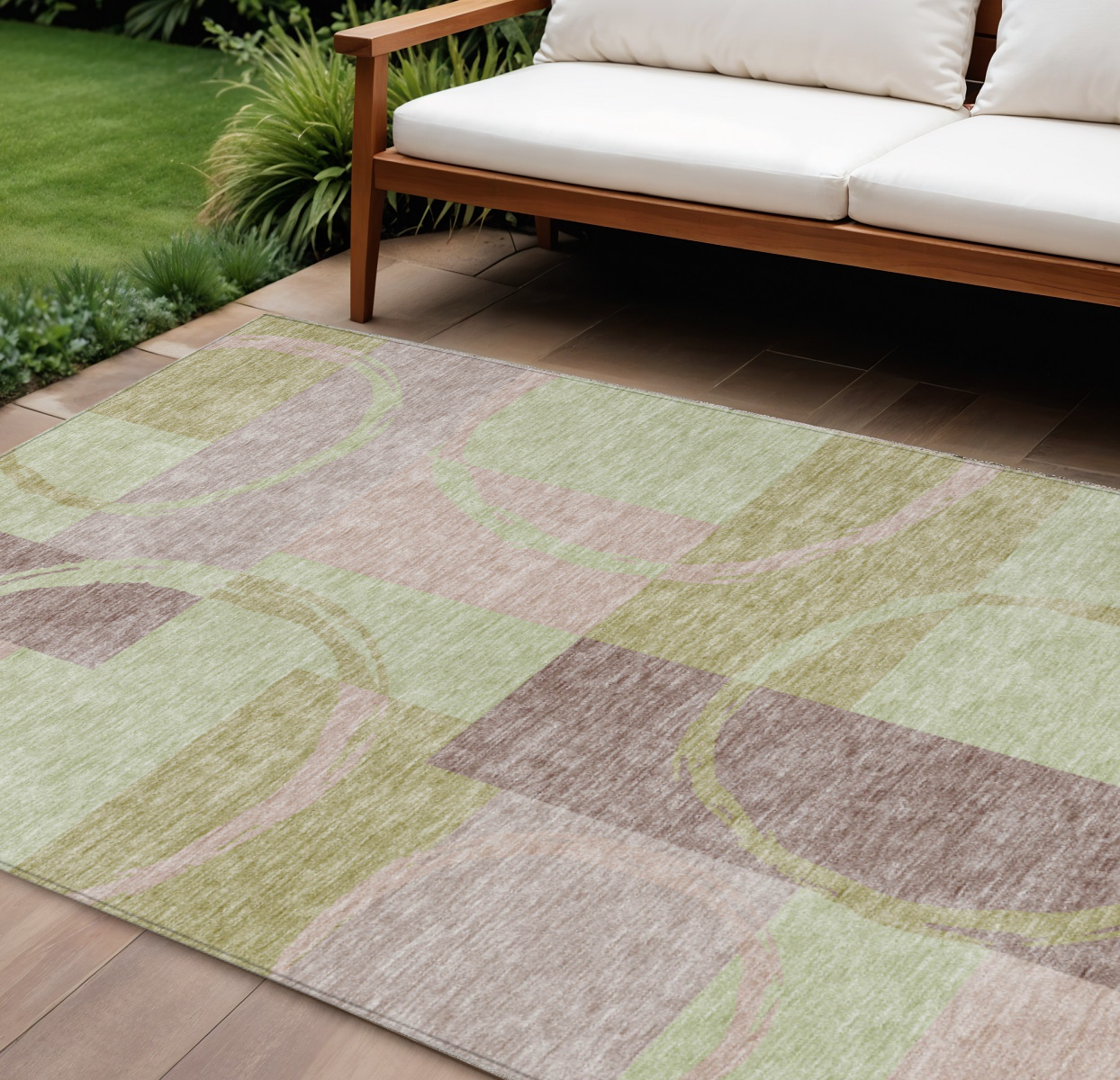8' X 10' Blush And Mint Green Abstract Washable Indoor Outdoor Area Rug-612560-1