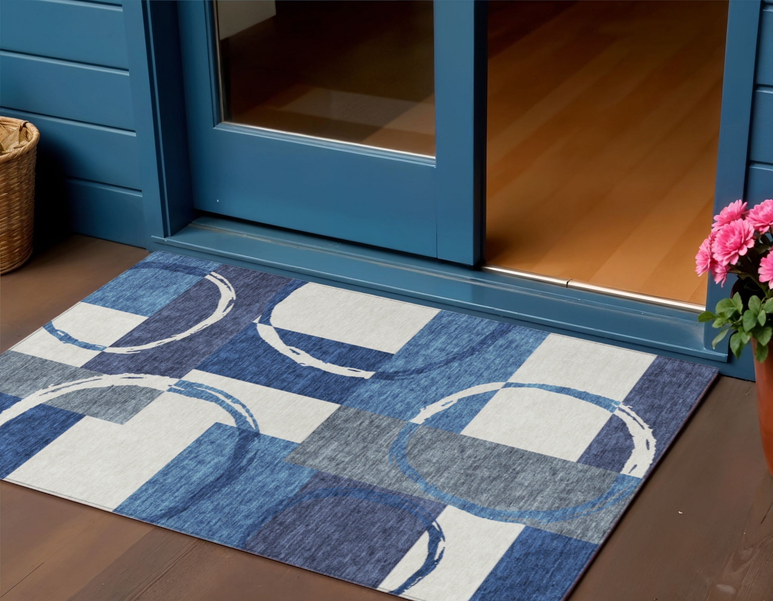 3' X 5' Blue And Ivory Geometric Washable Indoor Outdoor Area Rug-612569-1