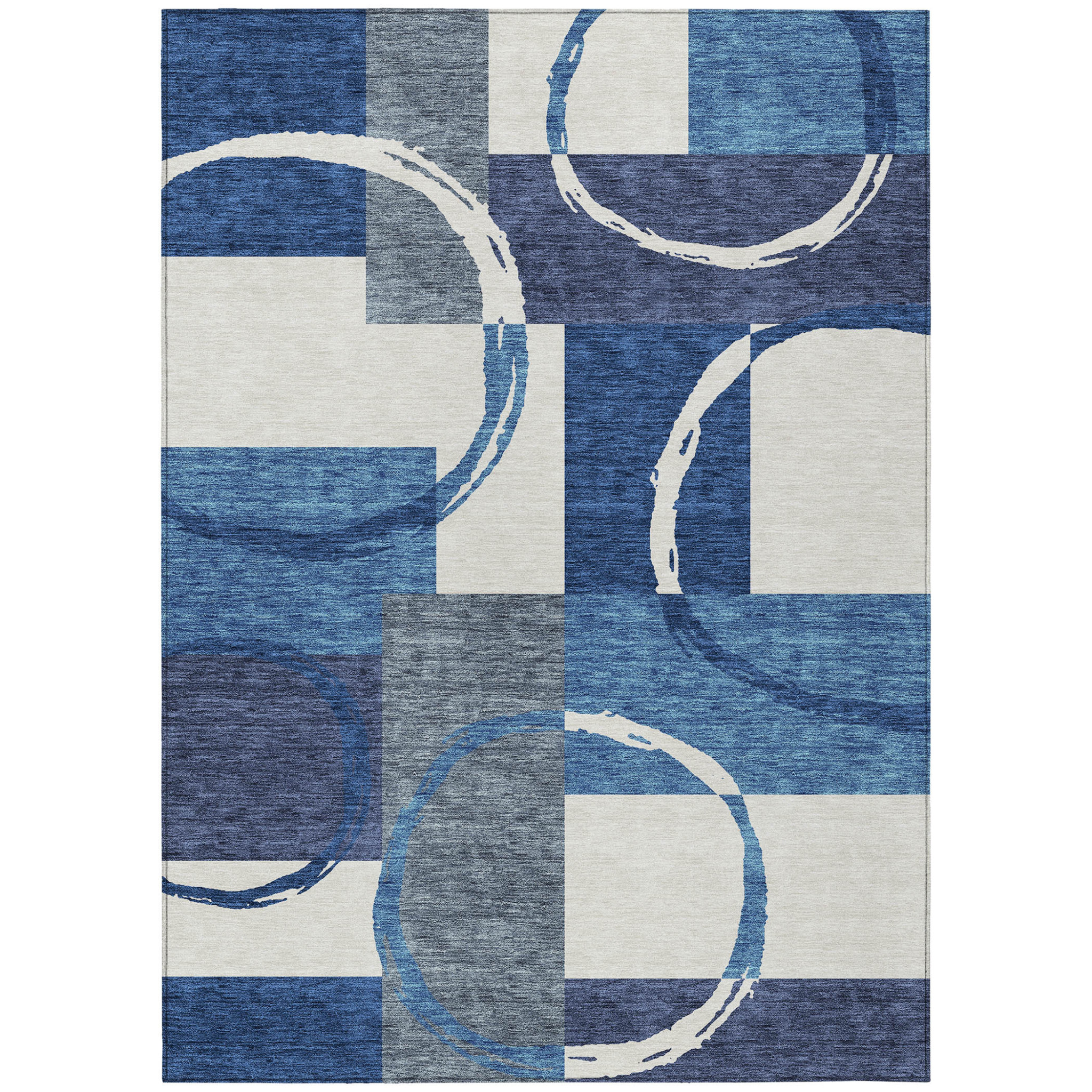 5' X 8' Blue And Ivory Geometric Washable Indoor Outdoor Area Rug-612570-1