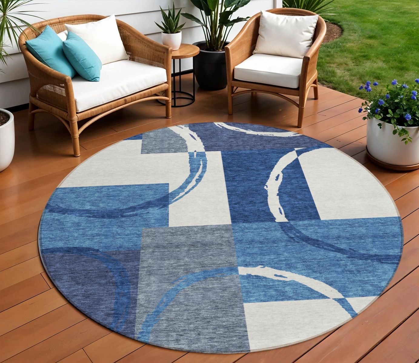 8' Blue And Ivory Round Geometric Washable Indoor Outdoor Area Rug-612571-1