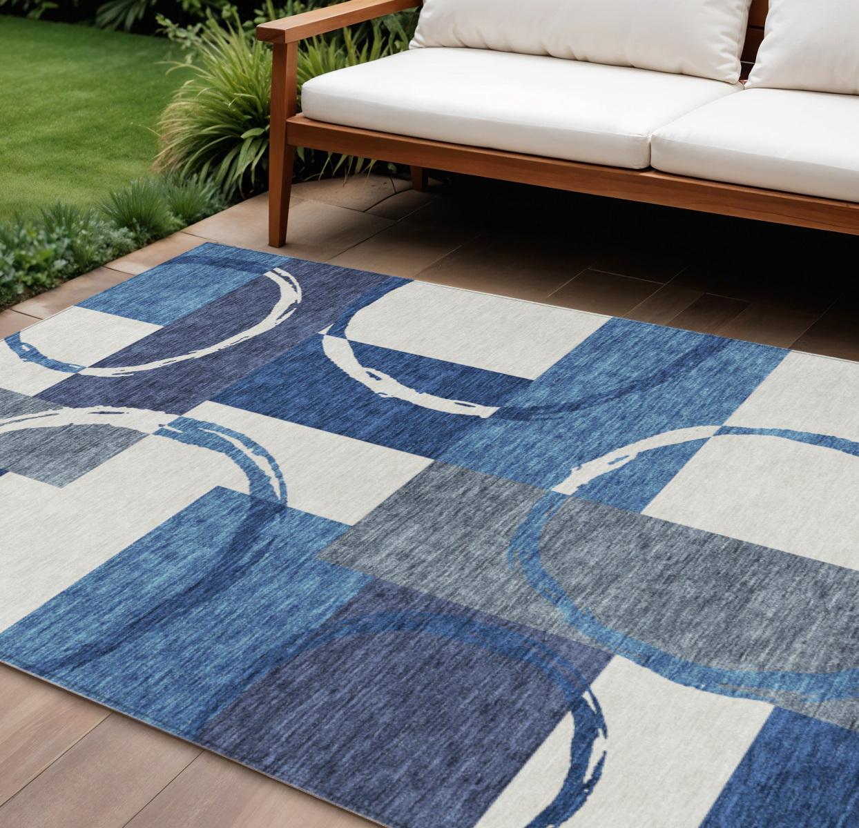 9' X 12' Blue And Ivory Geometric Washable Indoor Outdoor Area Rug-612573-1