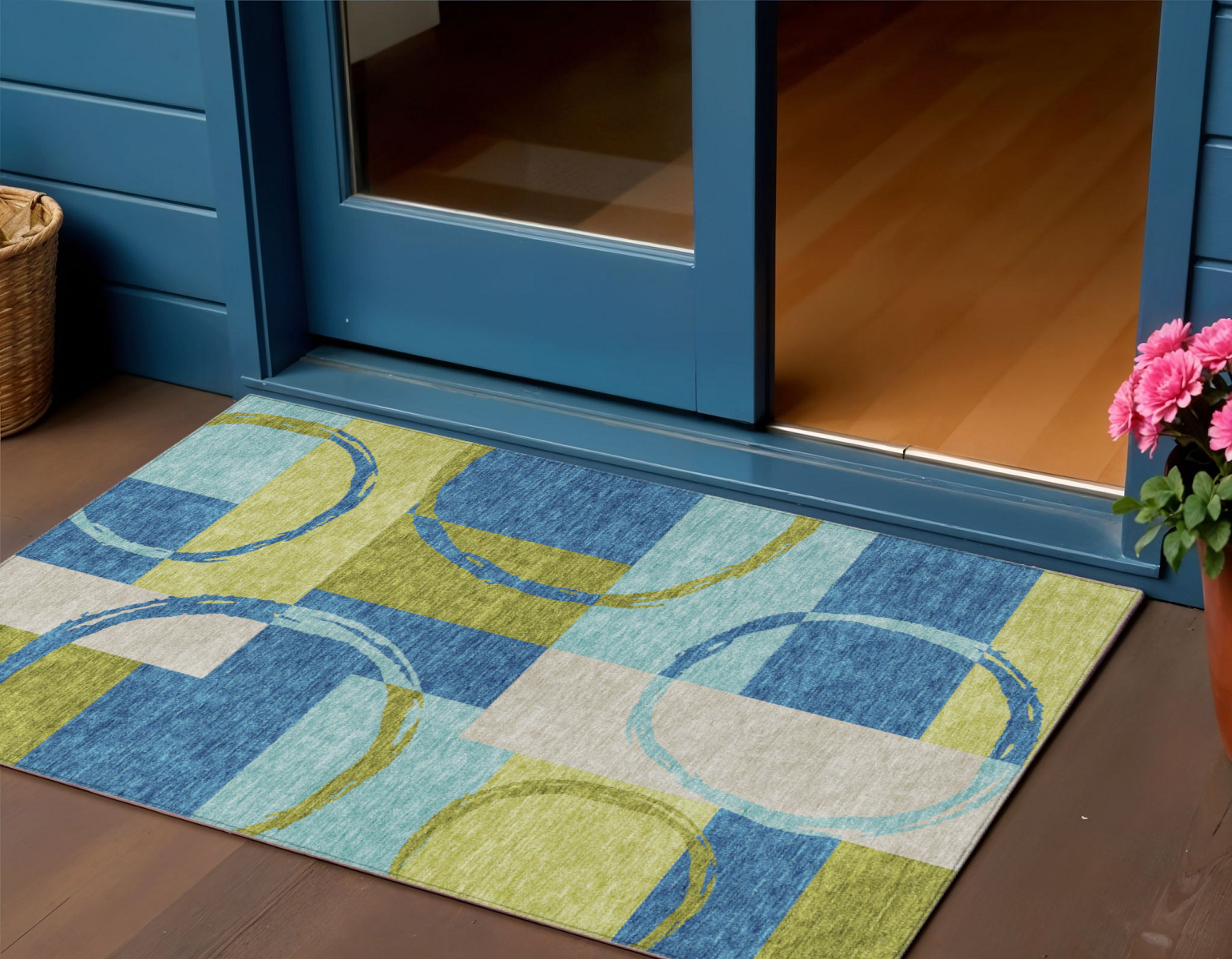 3' X 5' Denim Blue And Lime Green Geometric Washable Indoor Outdoor Area Rug-612575-1