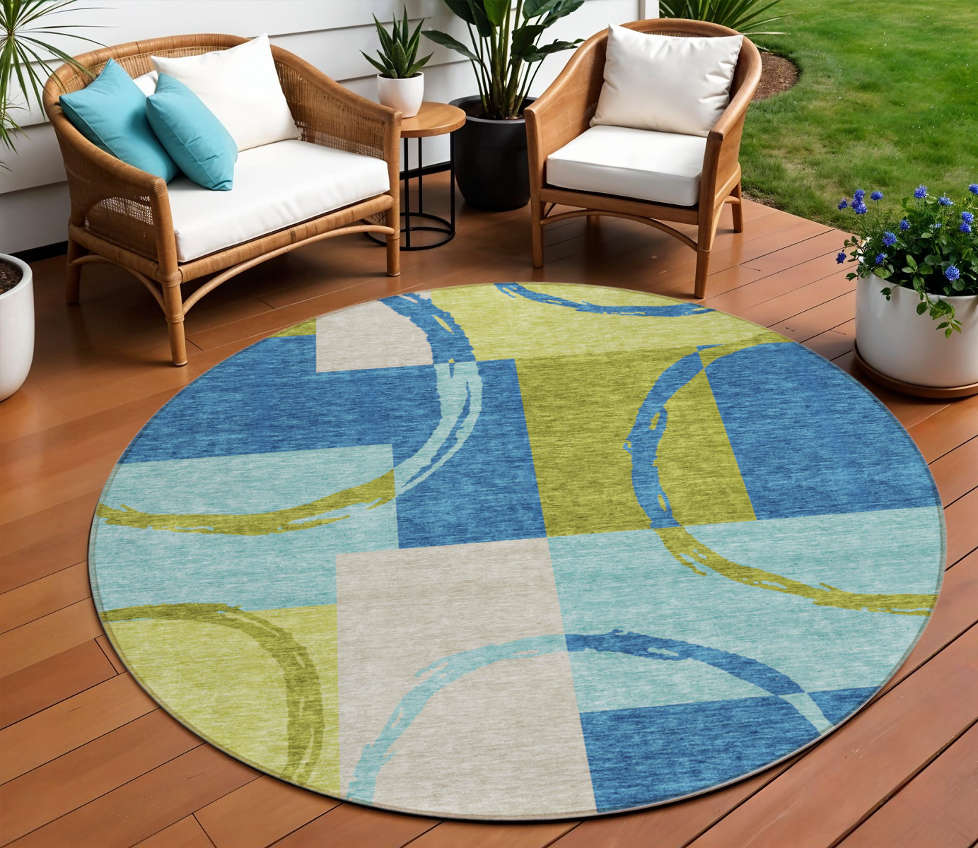 8' Denim Blue And Lime Green Round Geometric Washable Indoor Outdoor Area Rug-612577-1