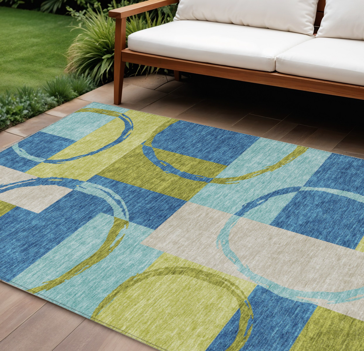 10' X 14' Denim Blue And Lime Green Geometric Washable Indoor Outdoor Area Rug-612580-1
