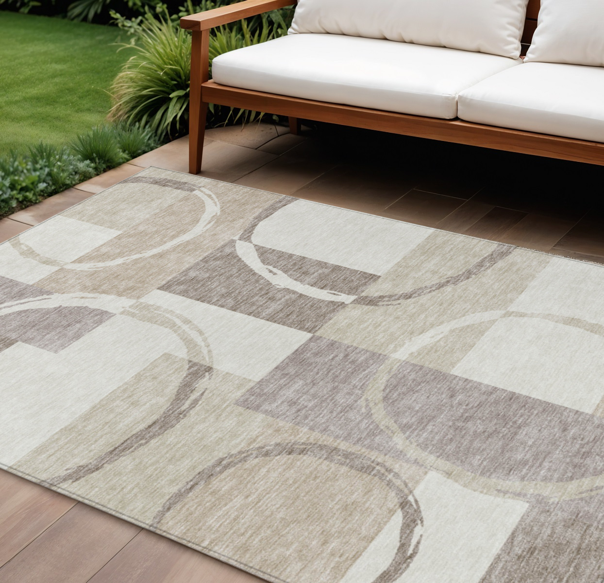 9' X 12' Ivory And Beige Geometric Washable Indoor Outdoor Area Rug-612585-1
