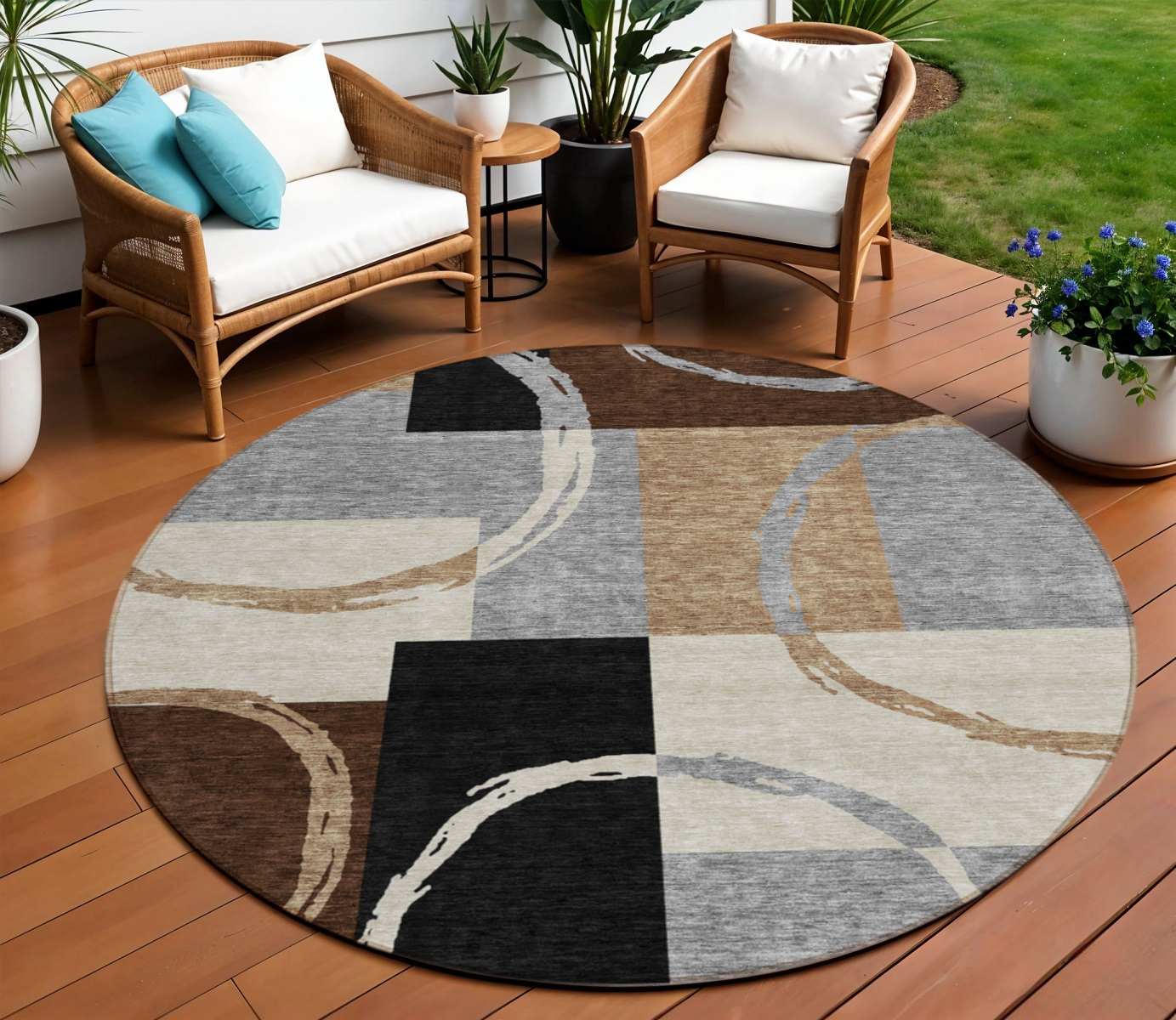 8' Pewter Gray And Black Round Geometric Washable Indoor Outdoor Area Rug-612589-1