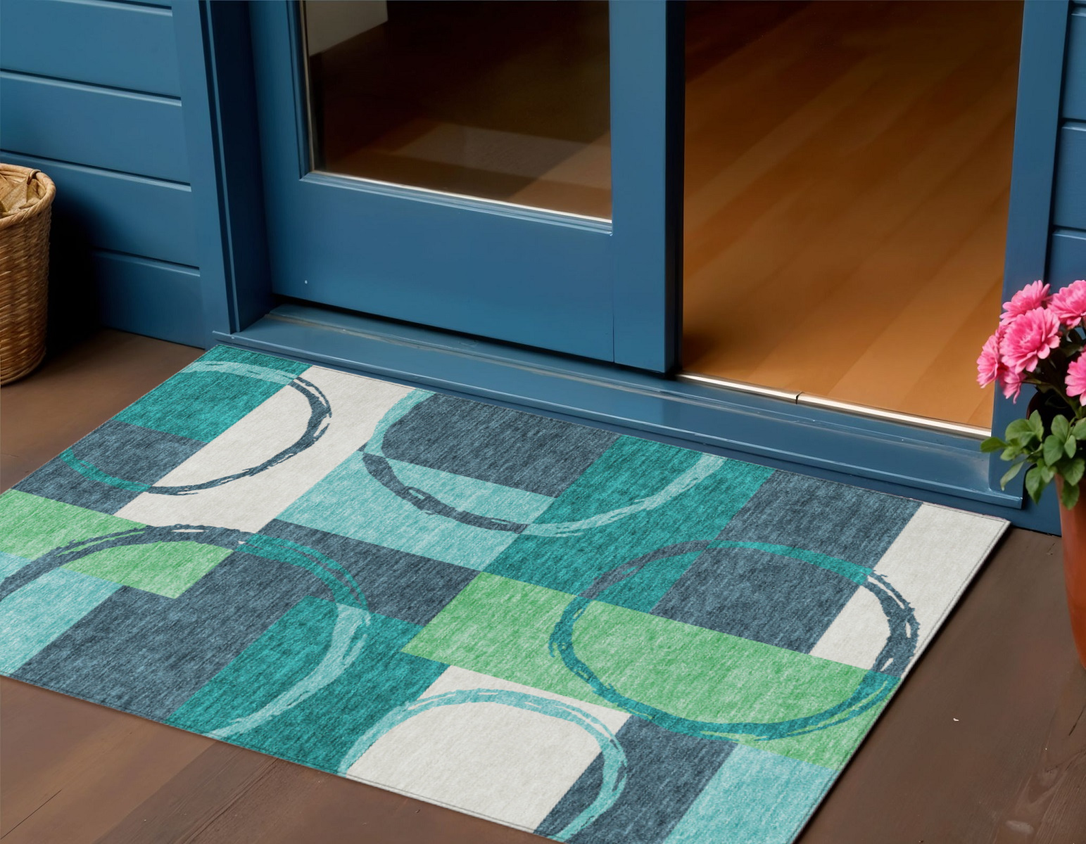 3' X 5' Teal Blue And Green Geometric Washable Indoor Outdoor Area Rug-612593-1