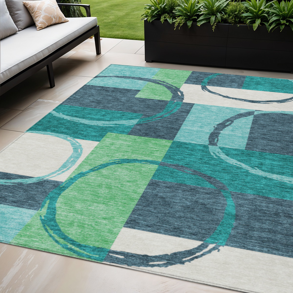 5' X 8' Teal Blue And Green Geometric Washable Indoor Outdoor Area Rug-612594-1