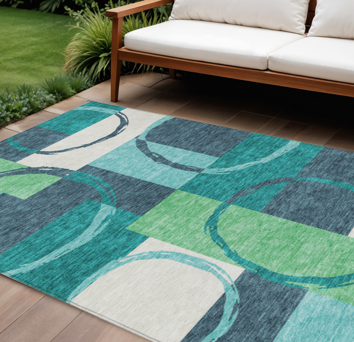 9' X 12' Teal Blue And Green Geometric Washable Indoor Outdoor Area Rug-612597-1