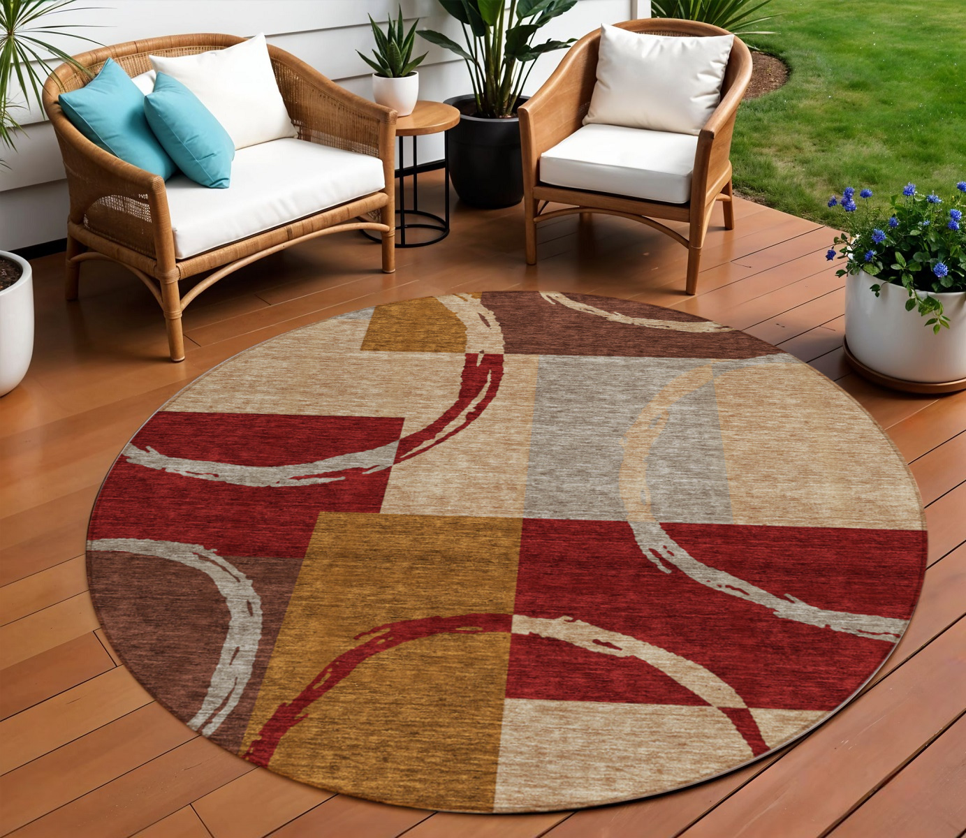 8' Wheat And Burgundy Round Geometric Washable Indoor Outdoor Area Rug-612601-1