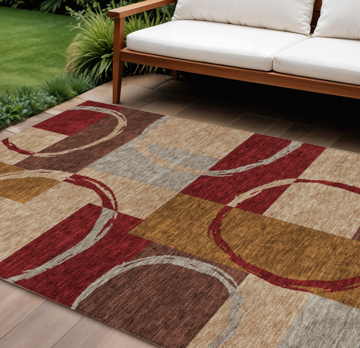8' X 10' Wheat And Burgundy Geometric Washable Indoor Outdoor Area Rug-612602-1