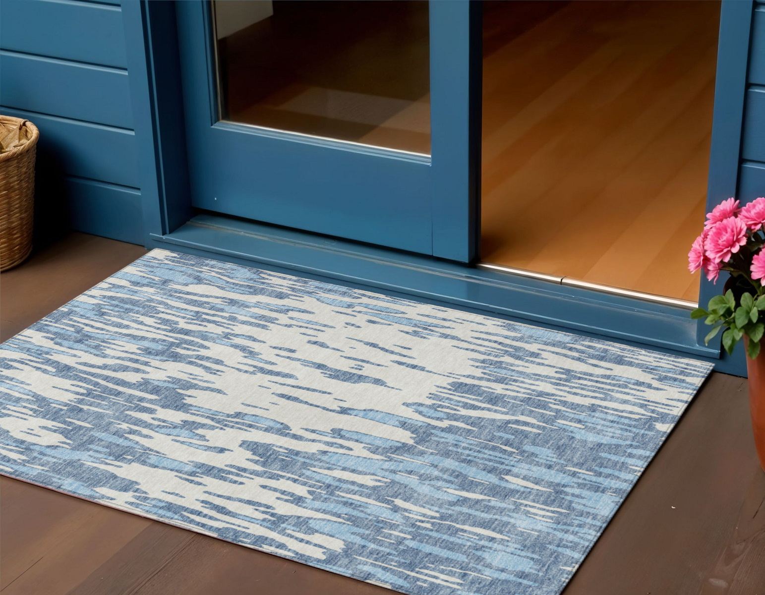 3' X 5' Denim Blue And Ivory Abstract Washable Indoor Outdoor Area Rug-612647-1