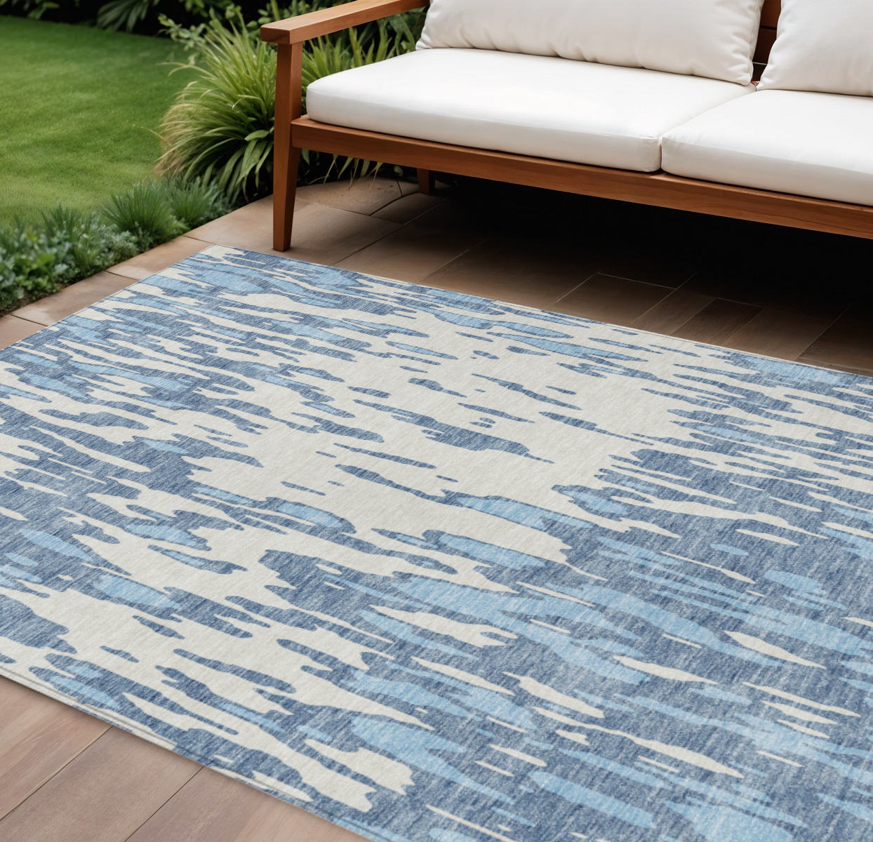 8' X 10' Denim Blue And Ivory Abstract Washable Indoor Outdoor Area Rug-612650-1