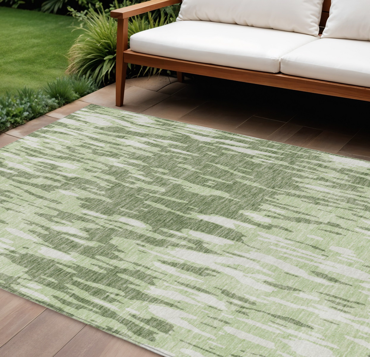 9' X 12' Green And Ivory Abstract Washable Indoor Outdoor Area Rug-612657-1