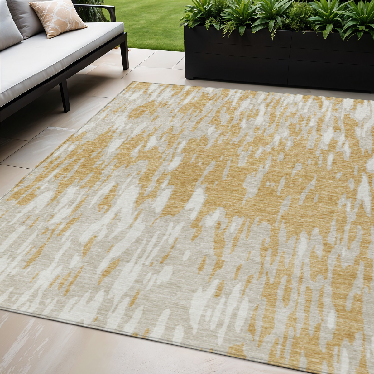 5' X 8' Gold And Ivory Abstract Washable Indoor Outdoor Area Rug-612660-1