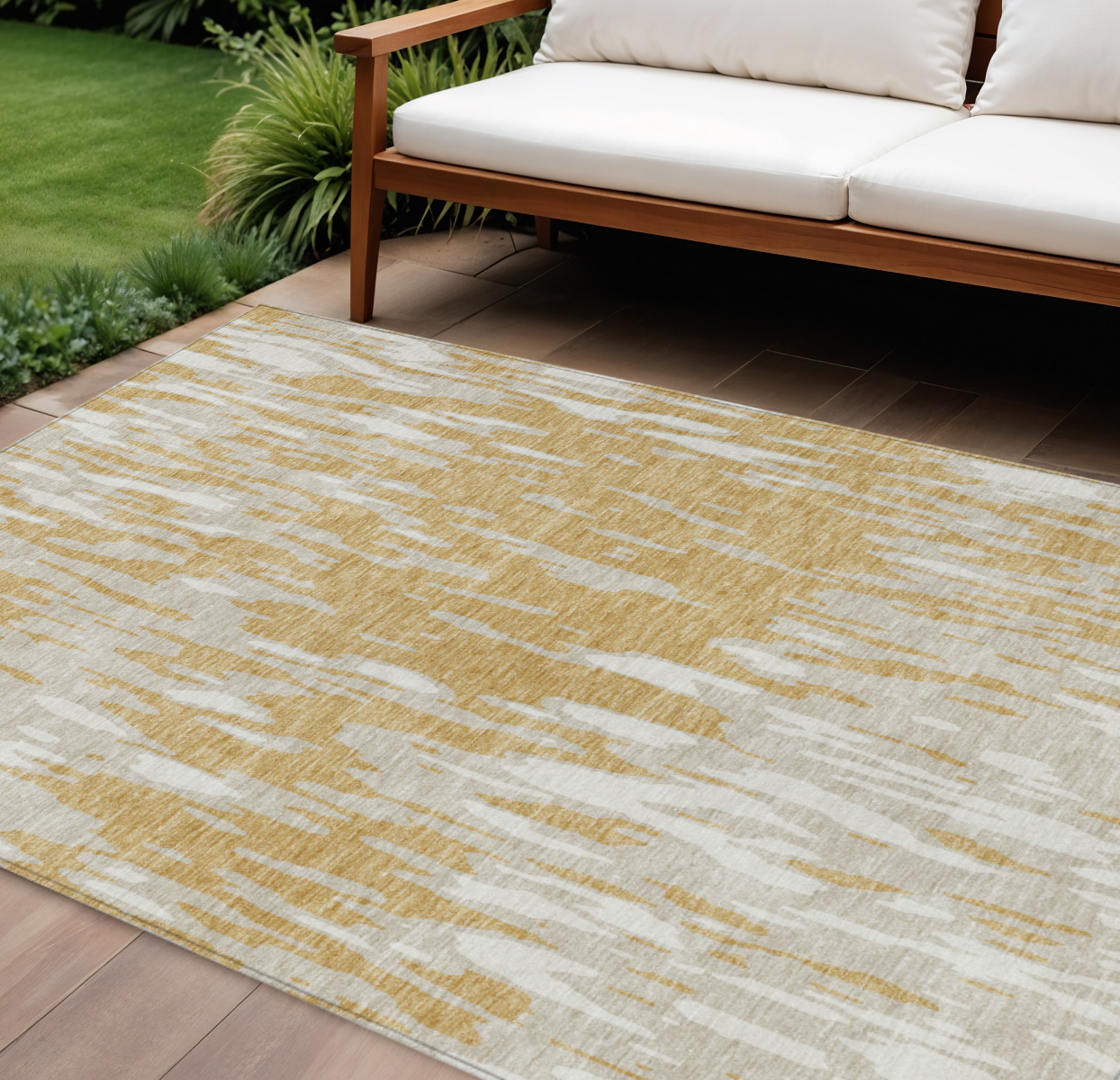 10' X 14' Gold And Ivory Abstract Washable Indoor Outdoor Area Rug-612664-1