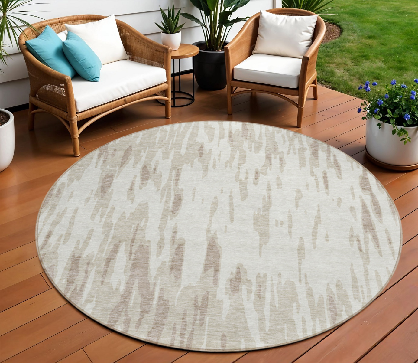 8' Ivory And Off White Round Abstract Washable Indoor Outdoor Area Rug-612673-1