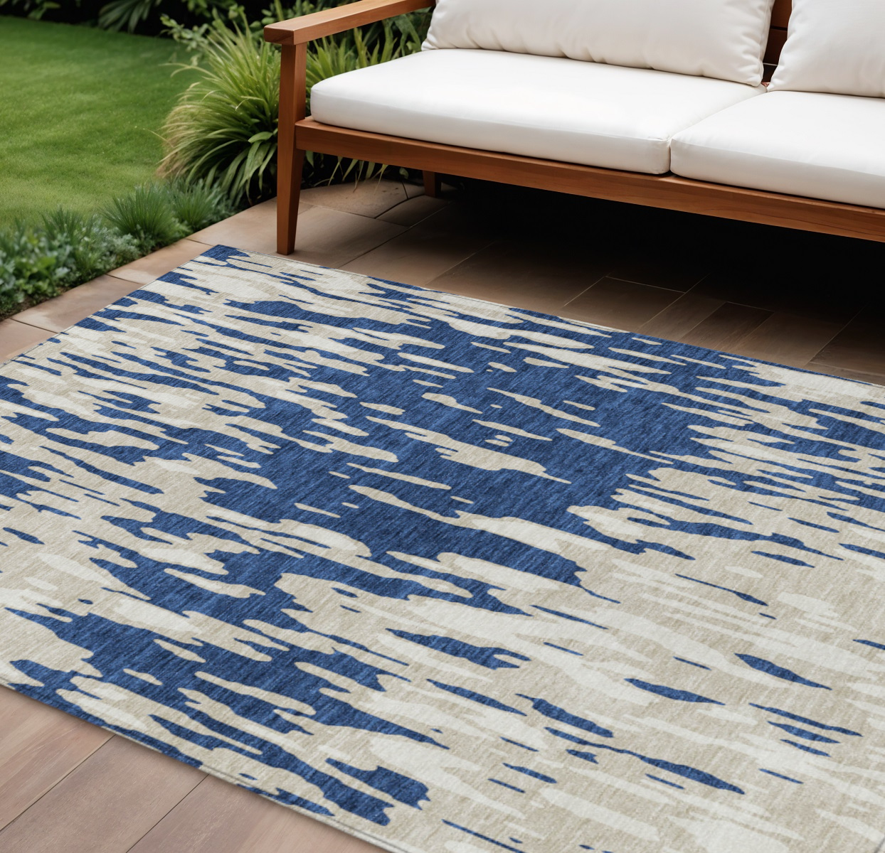 8' X 10' Navy Blue And Ivory Abstract Washable Indoor Outdoor Area Rug-612686-1