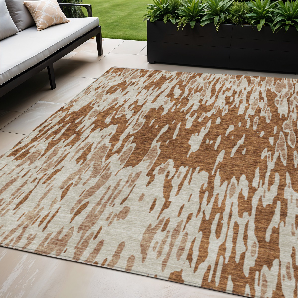 5' X 8' Orange And Ivory Abstract Washable Indoor Outdoor Area Rug-612690-1