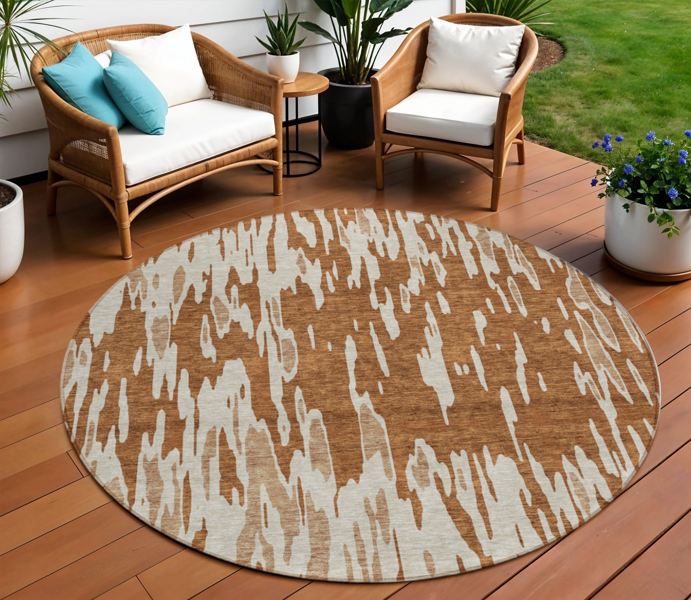 8' Orange And Ivory Round Abstract Washable Indoor Outdoor Area Rug-612691-1